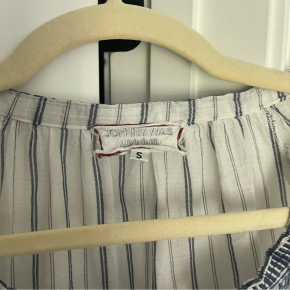 Johnny Was Striped White Cotton V Neck Blouse Tunic Top - Picture 3 of 7